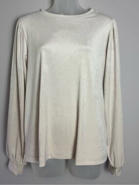 LOFT Cream Velour Puff Sleeve Top with Gentle Shoulder Gathers Size Large